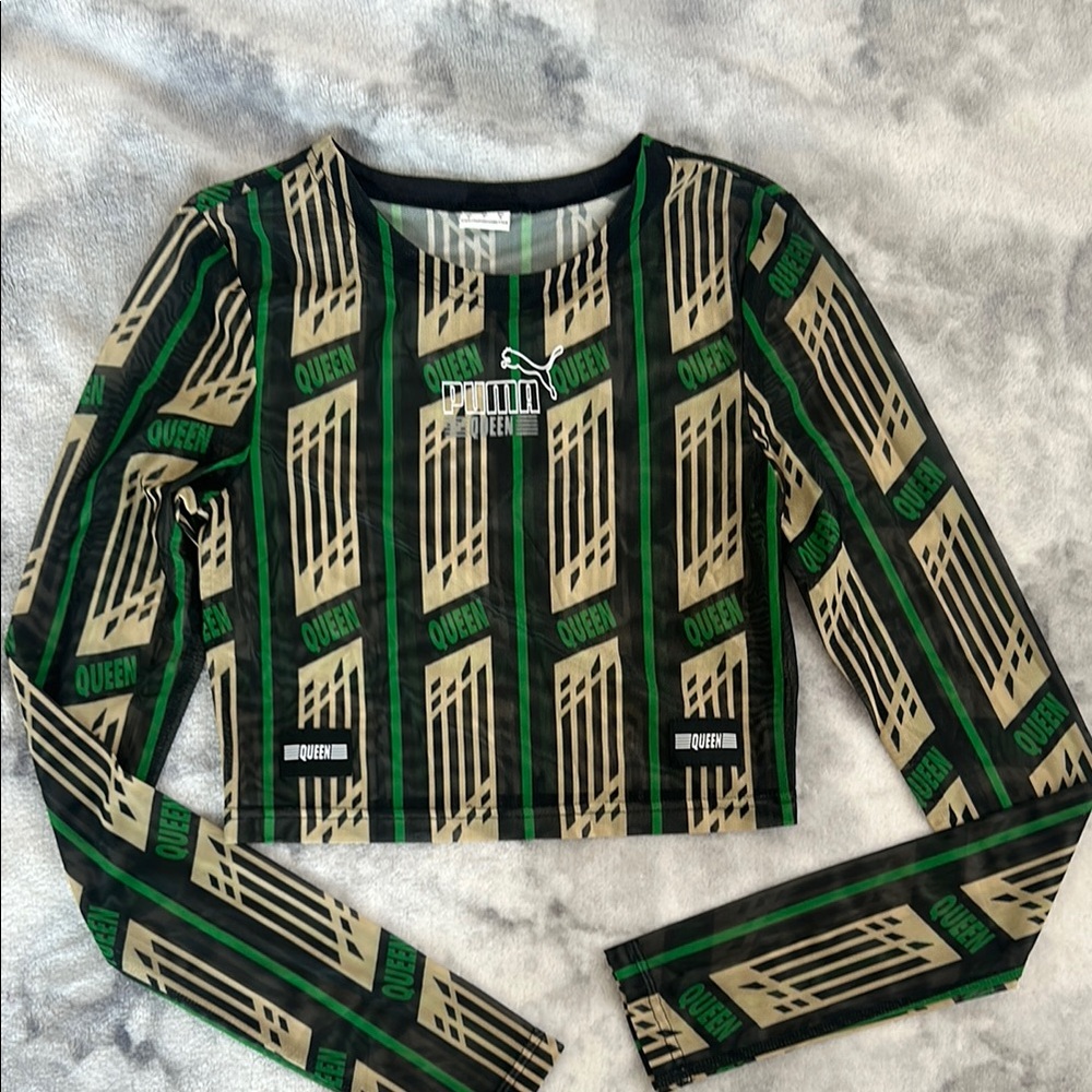 Puma Graphic Crop Top with Green and Black Stripes